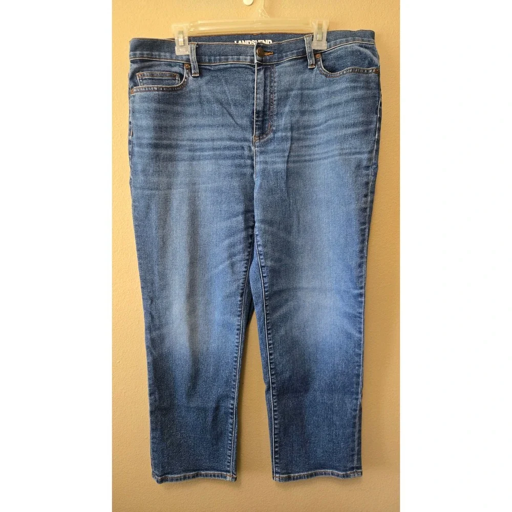 Lands End Womens 18 Petite Straight Leg Jeans Medium Wash Stretch Denim Blue